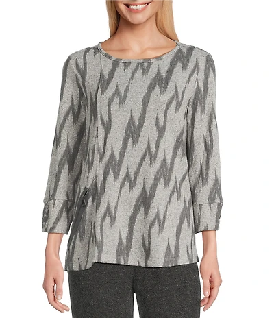 Multiples Knit Grey Print Scoop Neck 3/4 Sleeve Top