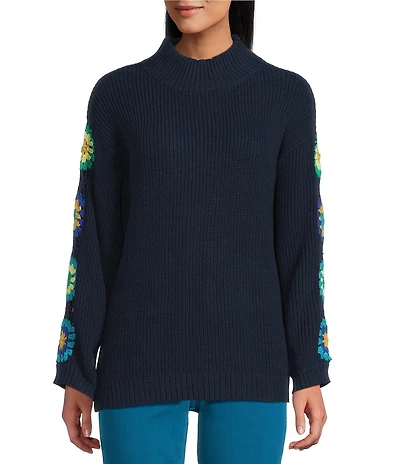 Multiples Knit Mock Neck 3/4 Sleeve Crochet Square Detail Sweater