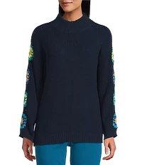 Multiples Knit Mock Neck 3/4 Sleeve Crochet Square Detail Sweater