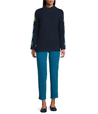 Multiples Knit Mock Neck 3/4 Sleeve Crochet Square Detail Sweater