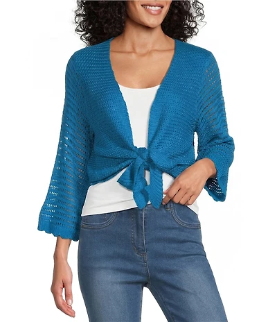 Multiples Knit Open Front 3/4 Sleeve Scalloped Trim Tie Front Cardigan