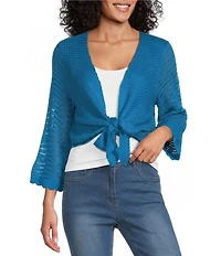 Multiples Knit Open Front 3/4 Sleeve Scalloped Trim Tie Front Cardigan