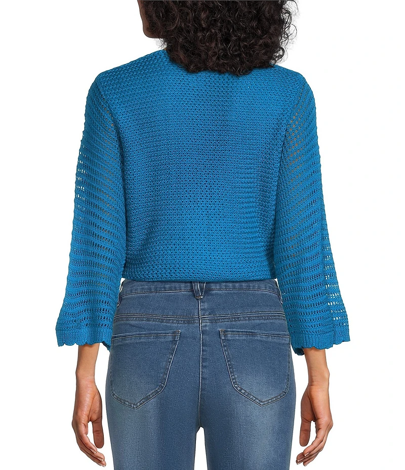 Multiples Knit Open Front 3/4 Sleeve Scalloped Trim Tie Front Cardigan