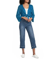 Multiples Knit Open Front 3/4 Sleeve Scalloped Trim Tie Front Cardigan