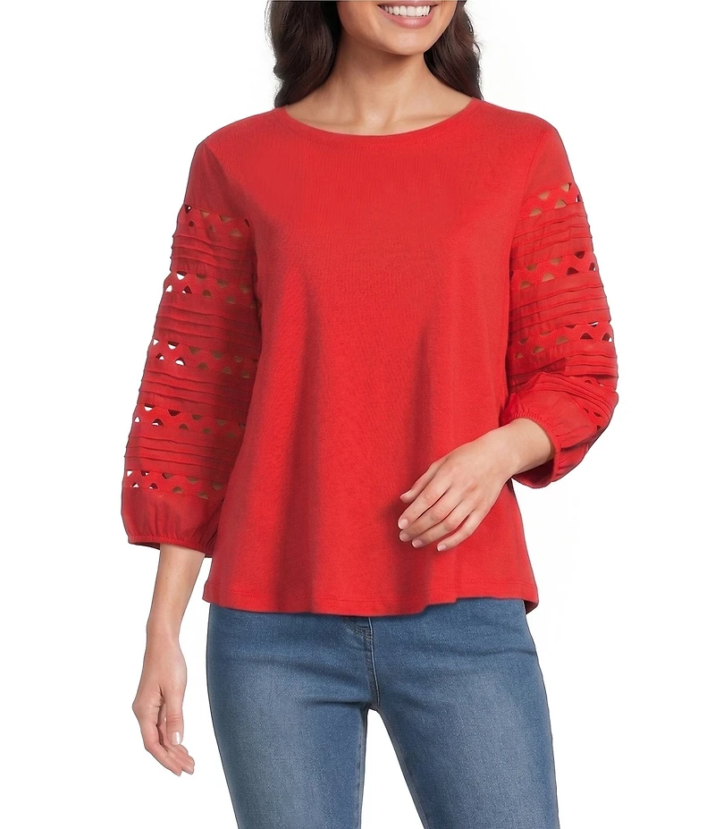 Multiples Knit Scoop Neck 3/4 Embroidered Sleeve Top