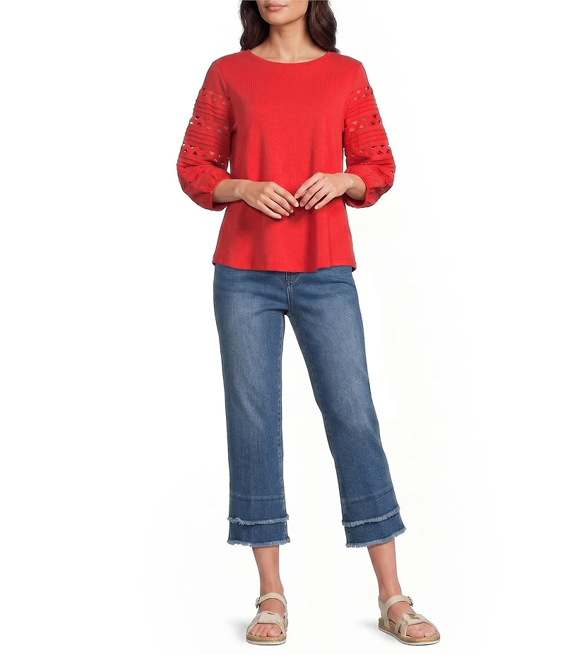 Multiples Knit Scoop Neck 3/4 Embroidered Sleeve Top