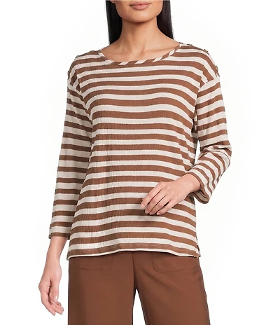 Multiples Knit Stripe Wide Neck 3/4 Sleeve Drop Shoulders Top