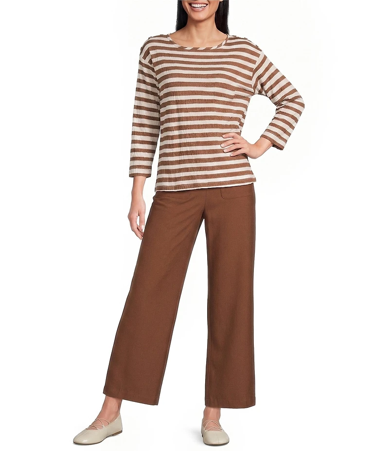 Multiples Knit Stripe Wide Neck 3/4 Sleeve Drop Shoulders Top