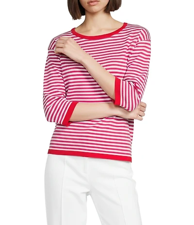 Multiples Knit Striped Red Hot Contrast Trim Boat Neck 3/4 Sleeve Top