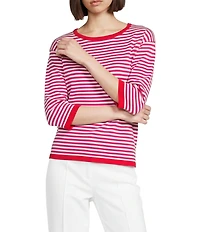 Multiples Knit Striped Red Hot Contrast Trim Boat Neck 3/4 Sleeve Top