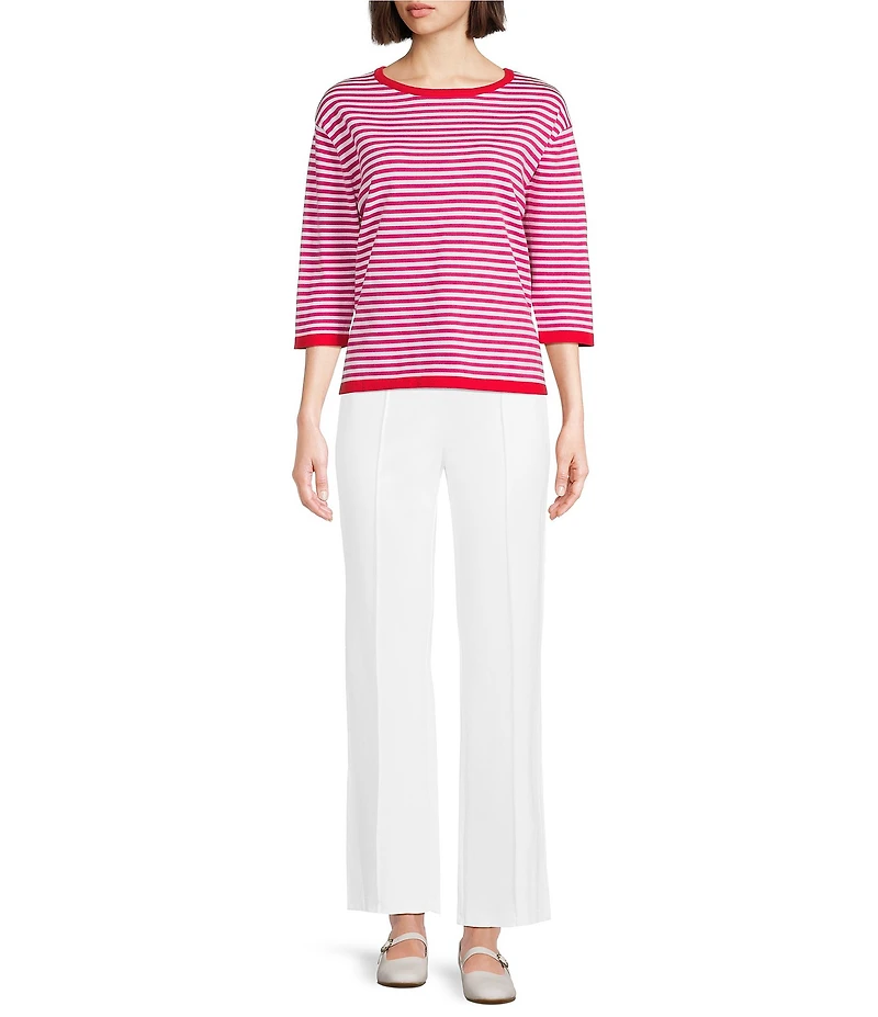 Multiples Knit Striped Red Hot Contrast Trim Boat Neck 3/4 Sleeve Top