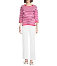 Multiples Knit Striped Red Hot Contrast Trim Boat Neck 3/4 Sleeve Top