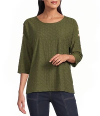 Multiples Knit Textured Scope Neck 3/4 Sleeve Shoulder Button Top