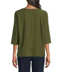 Multiples Knit Textured Scope Neck 3/4 Sleeve Shoulder Button Top