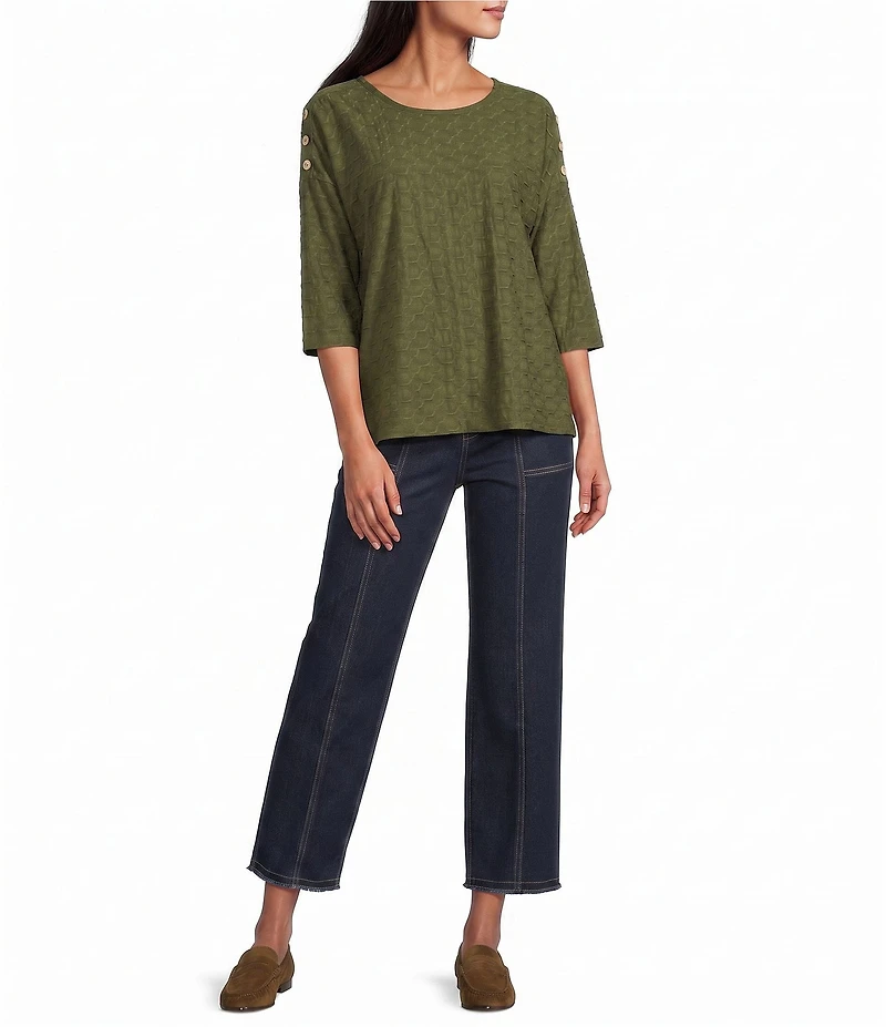 Multiples Knit Textured Scope Neck 3/4 Sleeve Shoulder Button Top