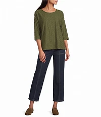 Multiples Knit Textured Scope Neck 3/4 Sleeve Shoulder Button Top