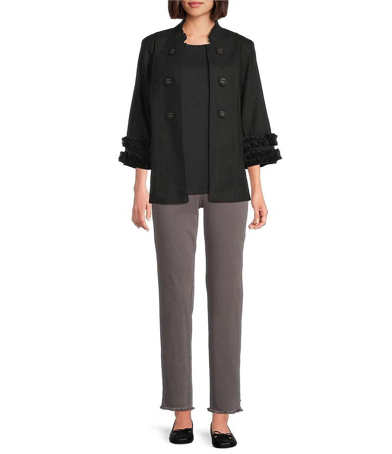 Multiples Linen Blend Georgette Stripe Trim Stand Collar 3/4 Sleeve Open-Front Jacket