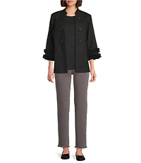 Multiples Linen Blend Georgette Stripe Trim Stand Collar 3/4 Sleeve Open-Front Jacket