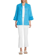 Multiples Linen Blend Georgette Stripe Trim Stand Collar 3/4 Sleeve Open-Front Jacket