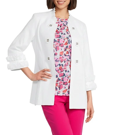 Multiples Linen Blend Georgette Stripe Trim Stand Collar 3/4 Sleeve Open-Front Jacket