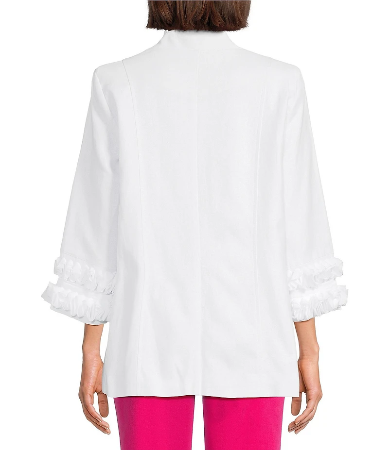 Multiples Linen Blend Georgette Stripe Trim Stand Collar 3/4 Sleeve Open-Front Jacket