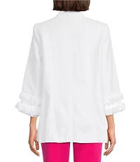 Multiples Linen Blend Georgette Stripe Trim Stand Collar 3/4 Sleeve Open-Front Jacket