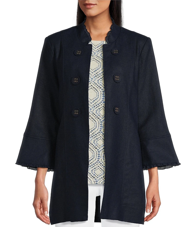 Multiples Linen-Blend Stand Collar 3/4 Flounce Sleeve Open Front Jacket