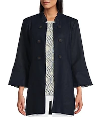 Multiples Linen-Blend Stand Collar 3/4 Flounce Sleeve Open Front Jacket