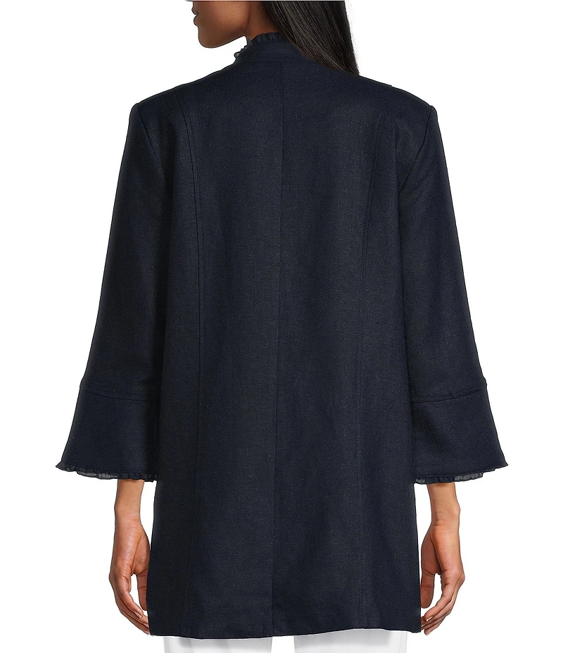 Multiples Linen-Blend Stand Collar 3/4 Flounce Sleeve Open Front Jacket