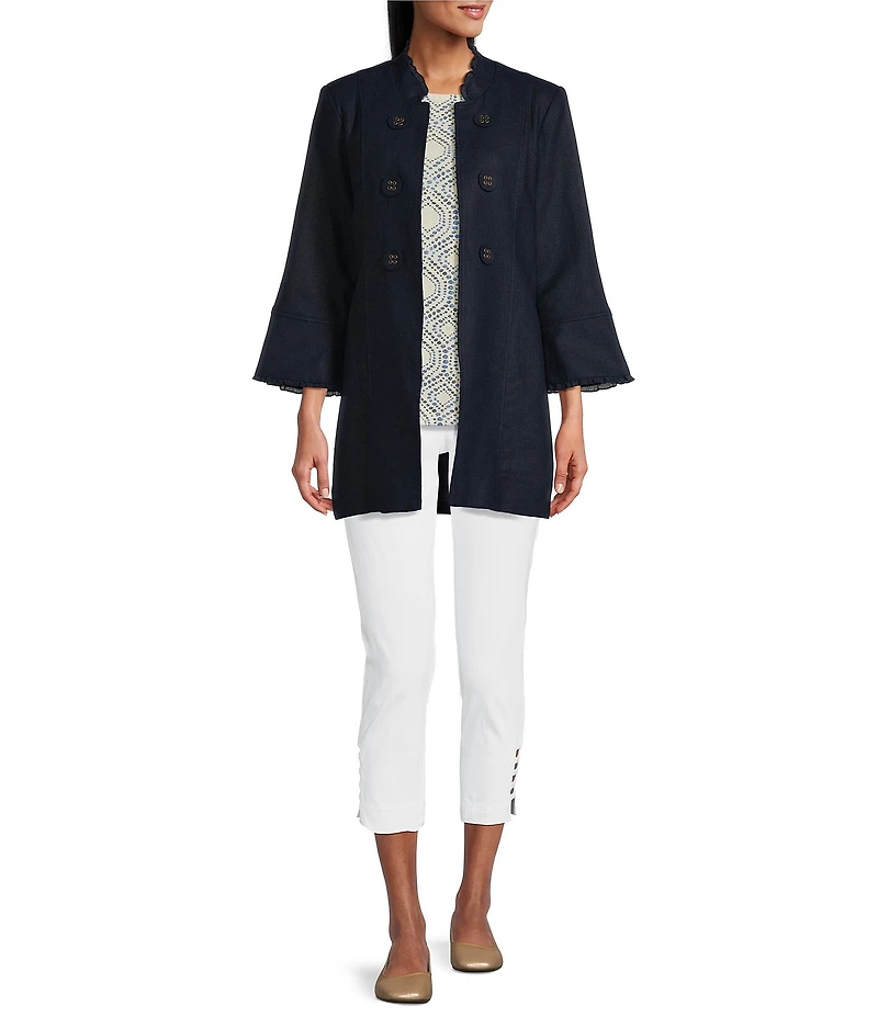 Multiples Linen-Blend Stand Collar 3/4 Flounce Sleeve Open Front Jacket
