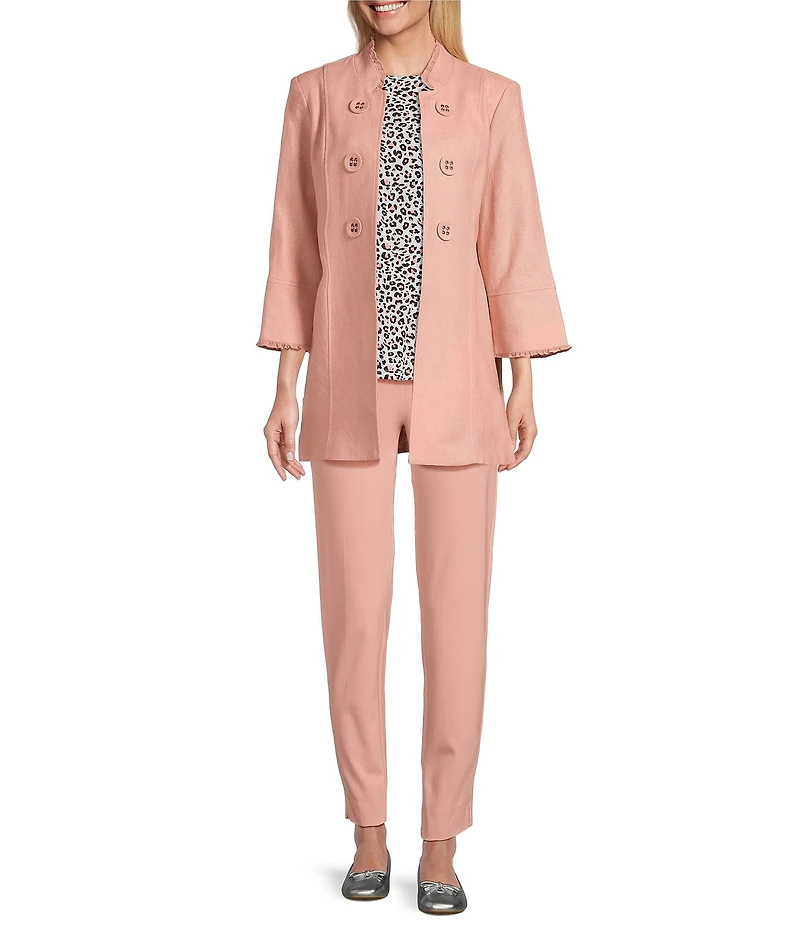 Multiples Linen-Blend Stand Collar 3/4 Flounce Sleeve Open Front Jacket