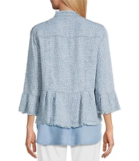 Multiples Lyocell Printed Point Collar 3/4 Flounce Sleeve Button Front Peplum Jacket