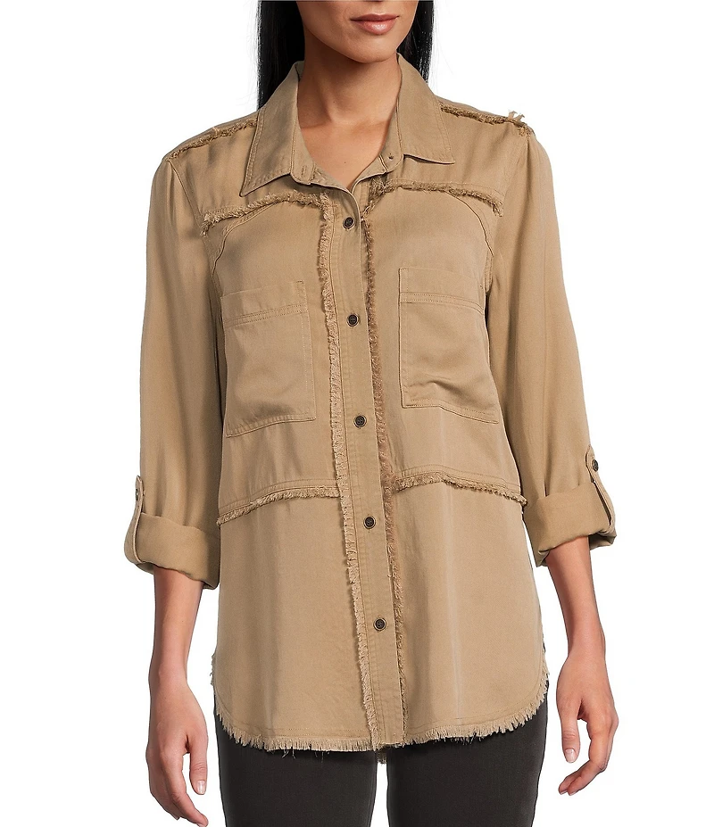 Multiples Lyocell Twill Point Collar Long Roll-Tab Sleeve Button-Front Fringed Shirt