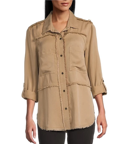 Multiples Lyocell Twill Point Collar Long Roll-Tab Sleeve Button-Front Fringed Shirt