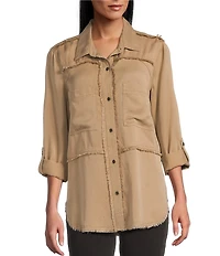 Multiples Lyocell Twill Point Collar Long Roll-Tab Sleeve Button-Front Fringed Shirt