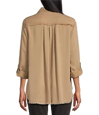 Multiples Lyocell Twill Point Collar Long Roll-Tab Sleeve Button-Front Fringed Shirt