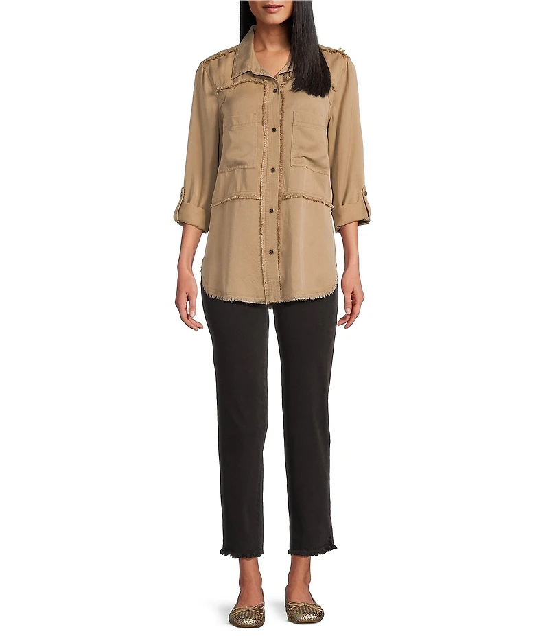 Multiples Lyocell Twill Point Collar Long Roll-Tab Sleeve Button-Front Fringed Shirt