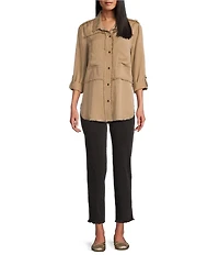 Multiples Lyocell Twill Point Collar Long Roll-Tab Sleeve Button-Front Fringed Shirt