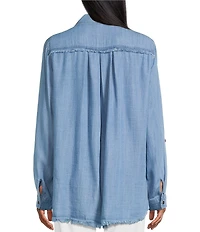 Multiples Lyocell Twill Point Collar Long Roll-Tab Sleeve Button-Front Fringed Shirt