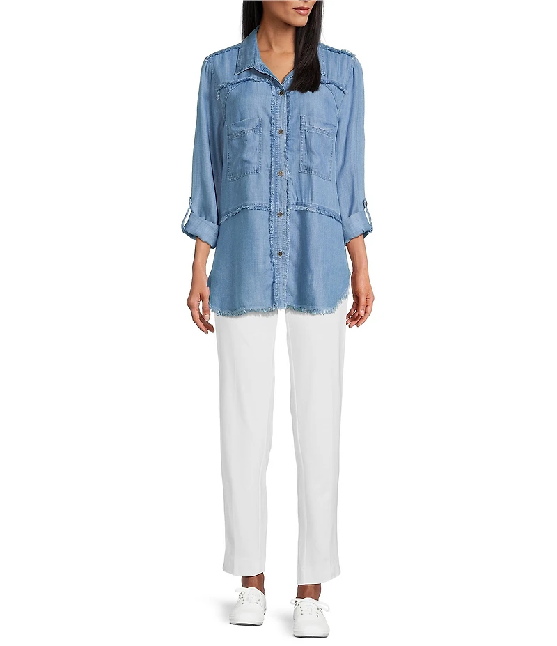 Multiples Lyocell Twill Point Collar Long Roll-Tab Sleeve Button-Front Fringed Shirt