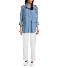 Multiples Lyocell Twill Point Collar Long Roll-Tab Sleeve Button-Front Fringed Shirt