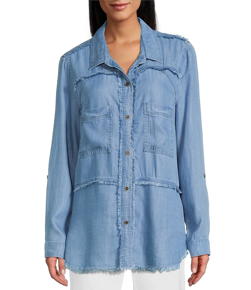 Multiples Lyocell Twill Point Collar Long Roll-Tab Sleeve Button-Front Fringed Shirt