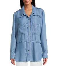 Multiples Lyocell Twill Point Collar Long Roll-Tab Sleeve Button-Front Fringed Shirt