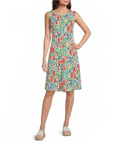 Multiples Multi-Panel Slub Knit Jersey Printed Fit And Flare Knee Length Dress