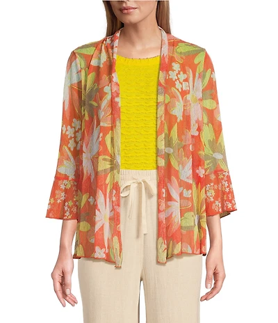 Multiples Onionskin Melon Print Shawl Neck 3/4 Flounce Sleeve Open-Front Jacket