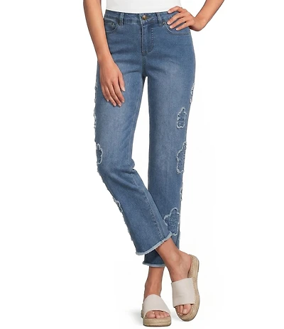 Multiples Petite Size Applique Denim Fringe Hem Cropped Jeans