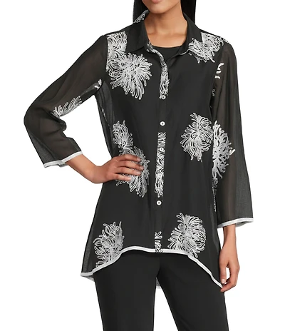 Multiples Petite Size Crinkle Sheer All-Over Embroidery Point Collar 3/4 Sleeve Button-Front Shirt