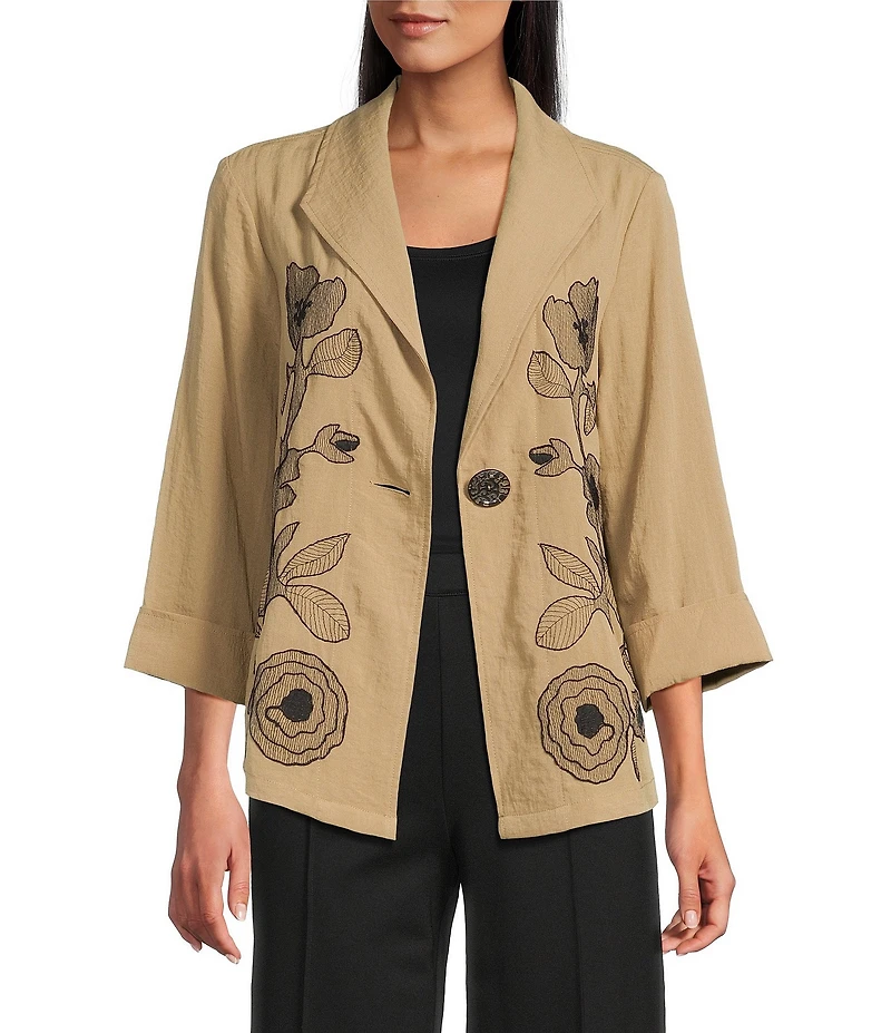 Multiples Petite Size Crinkle Woven Embroidered Floral Shawl Collar 3/4 Turn-Up Cuff Sleeve One Button-Front Jacket