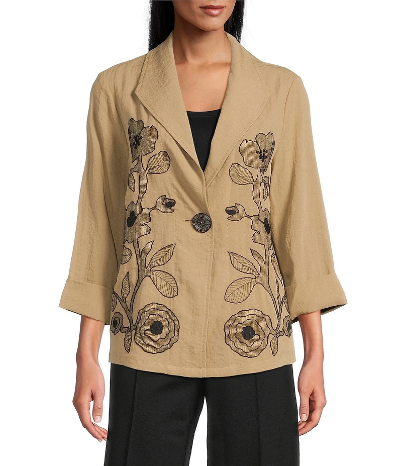 Multiples Petite Size Crinkle Woven Embroidered Floral Shawl Collar 3/4 Turn-Up Cuff Sleeve One Button-Front Jacket