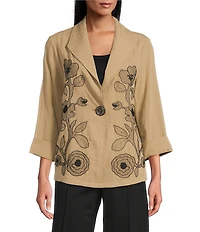 Multiples Petite Size Crinkle Woven Embroidered Floral Shawl Collar 3/4 Turn-Up Cuff Sleeve One Button-Front Jacket